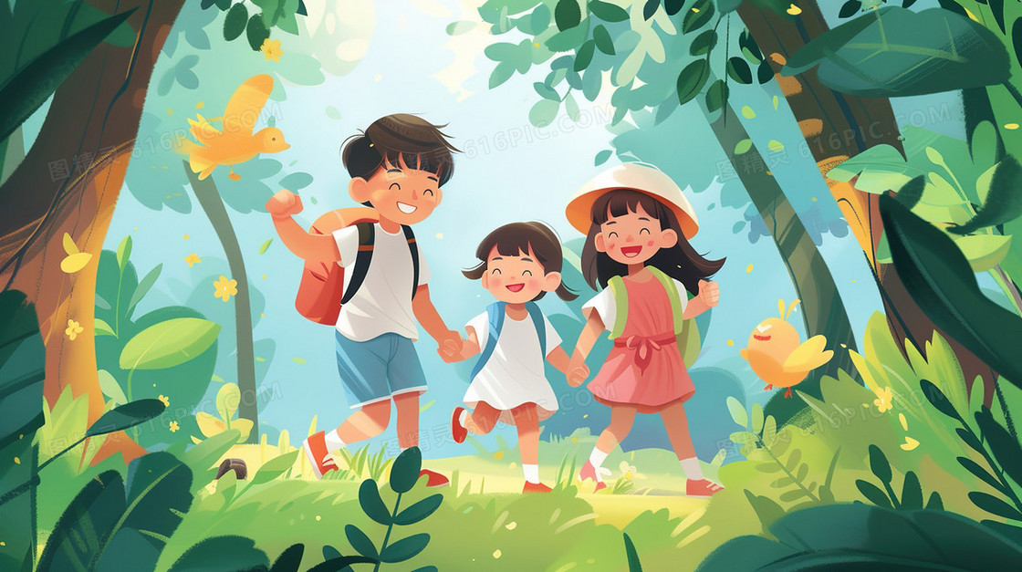丛林里郊游的小孩插画