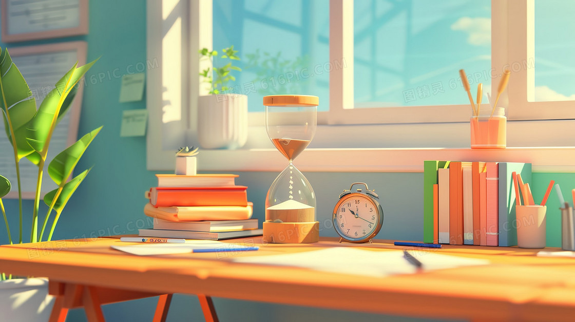 书房书桌上的文具跟沙漏插画