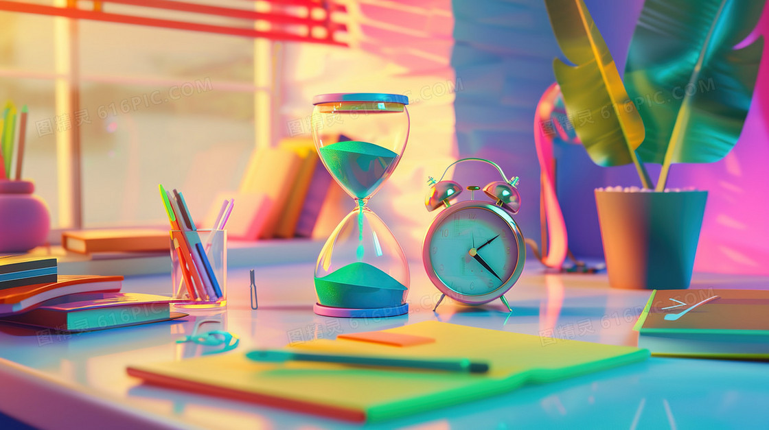 书房书桌上的文具跟沙漏插画