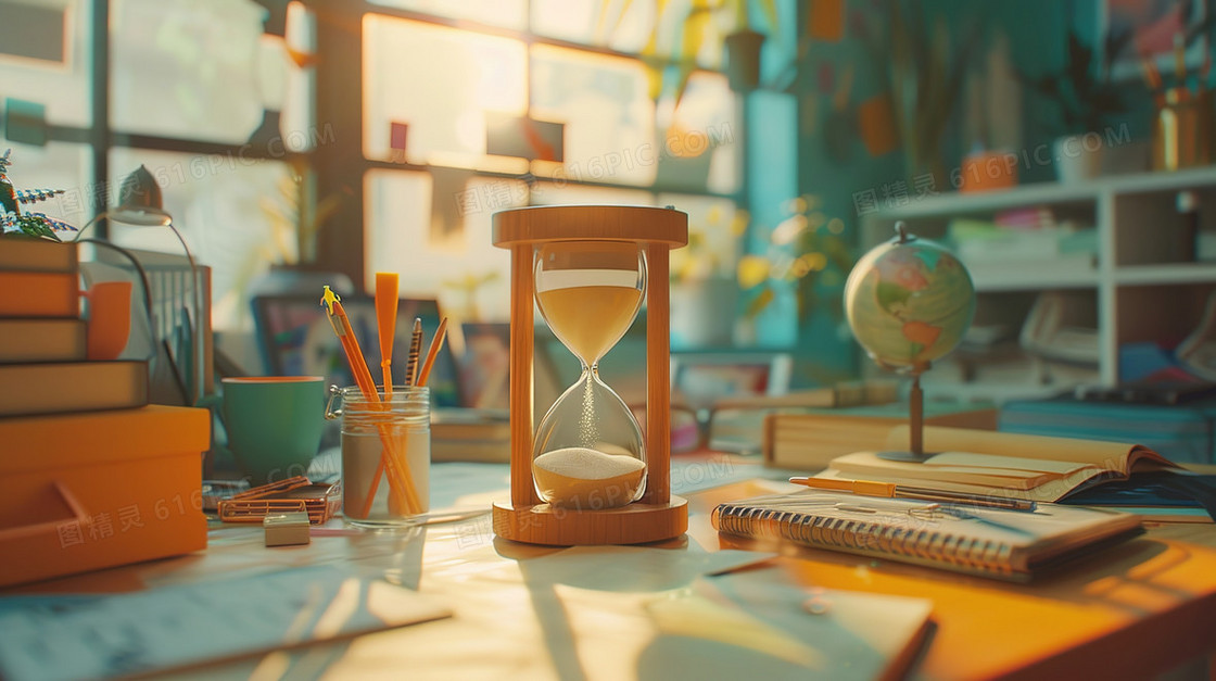 书房书桌上的文具跟沙漏插画