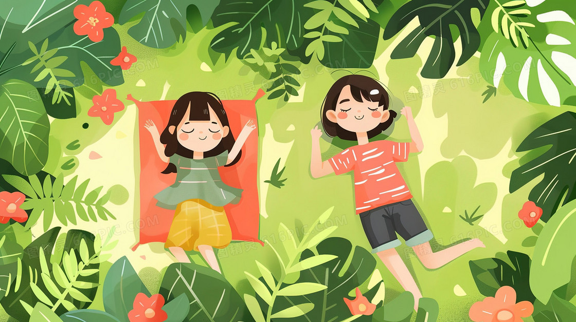 丛林里郊游的小孩插画