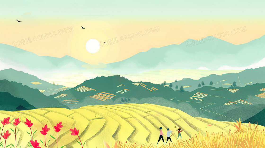 春天山区里的梯田插画