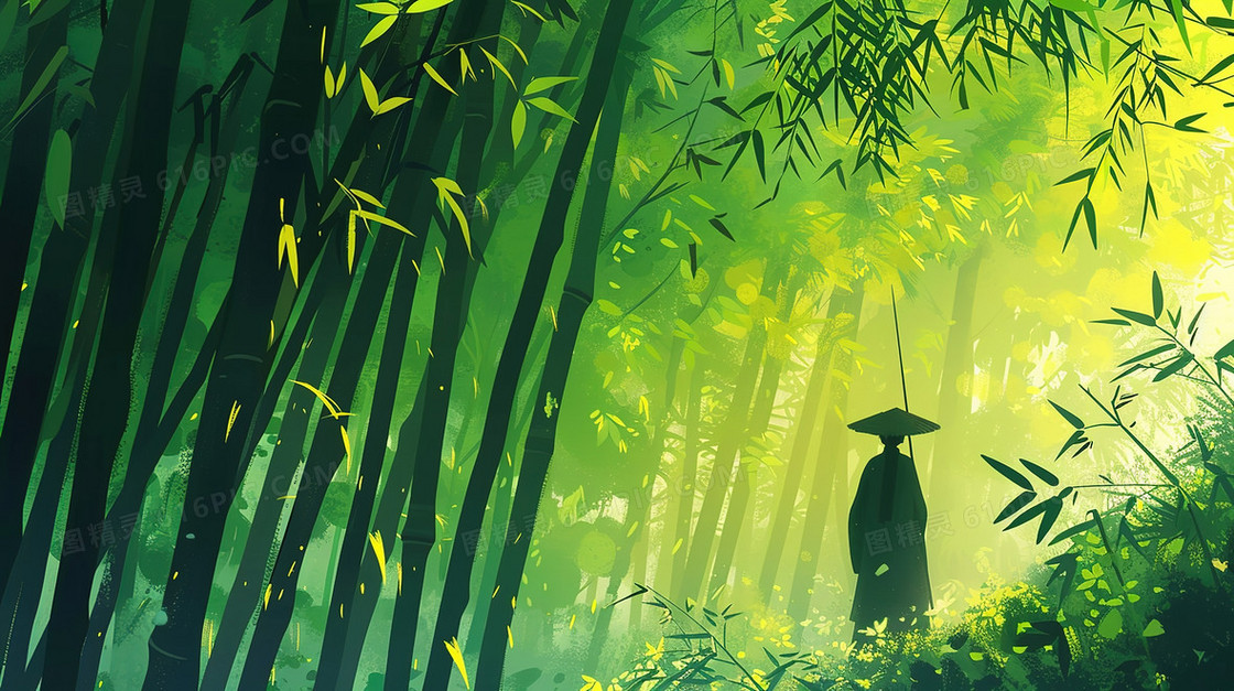 青青竹林中人物背影插画