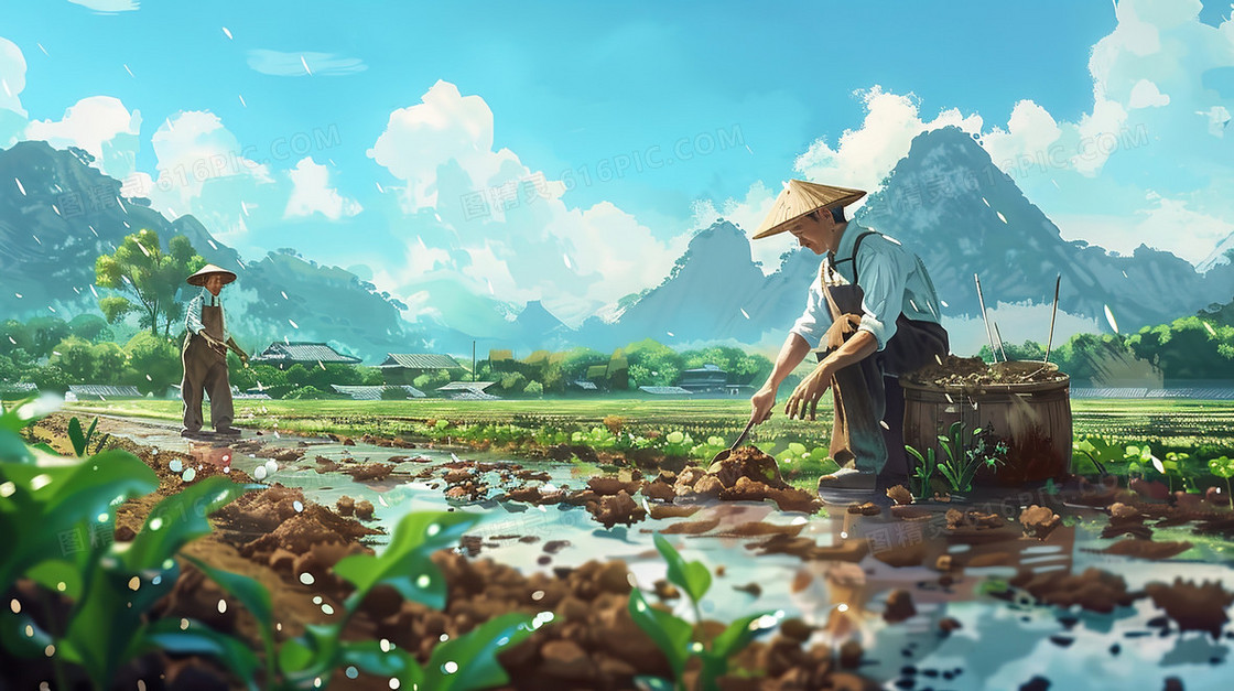 田野里劳动的人们插画