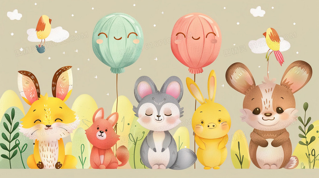 可爱有趣的动物宝宝与气球插画