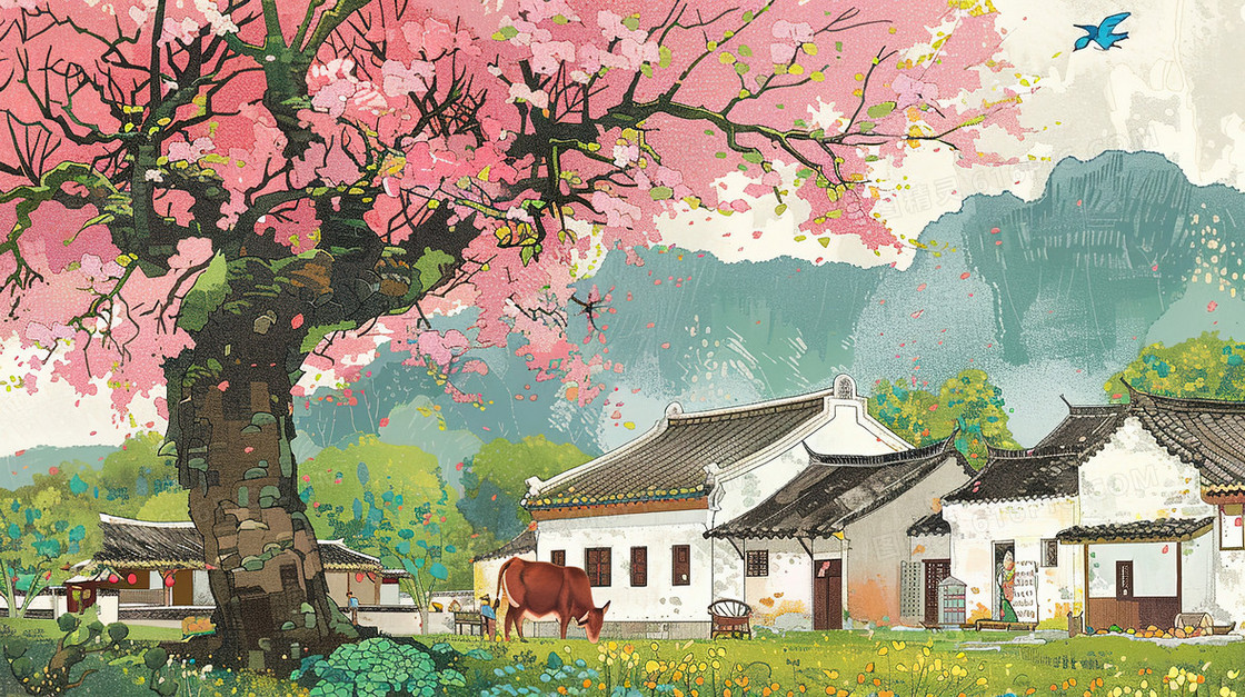 小乡村山坡上盛开的樱花树插画