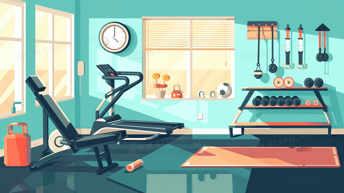 摆放着健身器材的房间插画