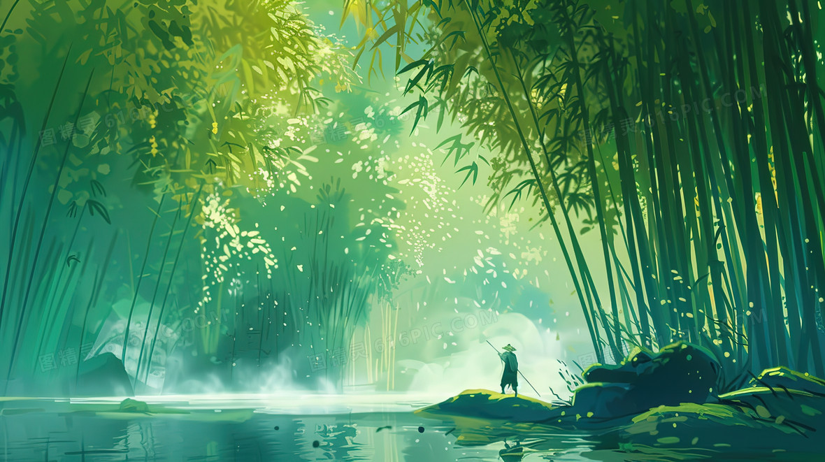 青青竹林中人物背影插画背景图片下载_2912x1632像素JPG格式_编号z6yfrx9jo_图精灵