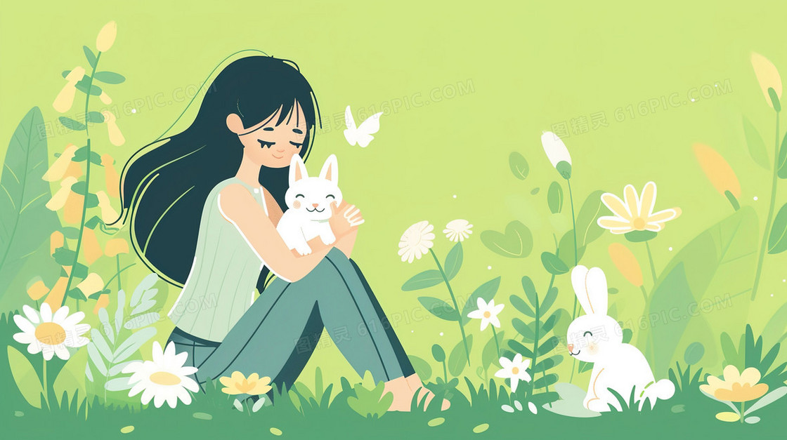 坐在草地上抱着白猫的少女插画