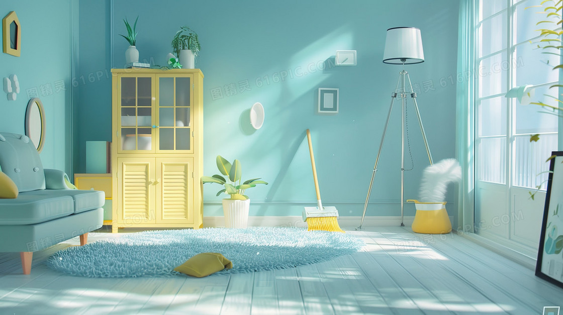 摆放着清洁工具的客厅插画