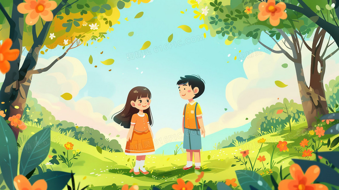 丛林里郊游的小孩插画