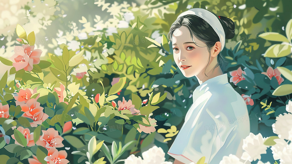 站在花丛中的护士插画