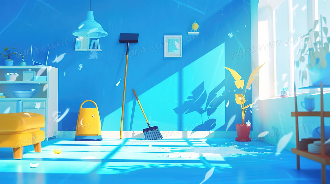 摆放着清洁工具的客厅插画