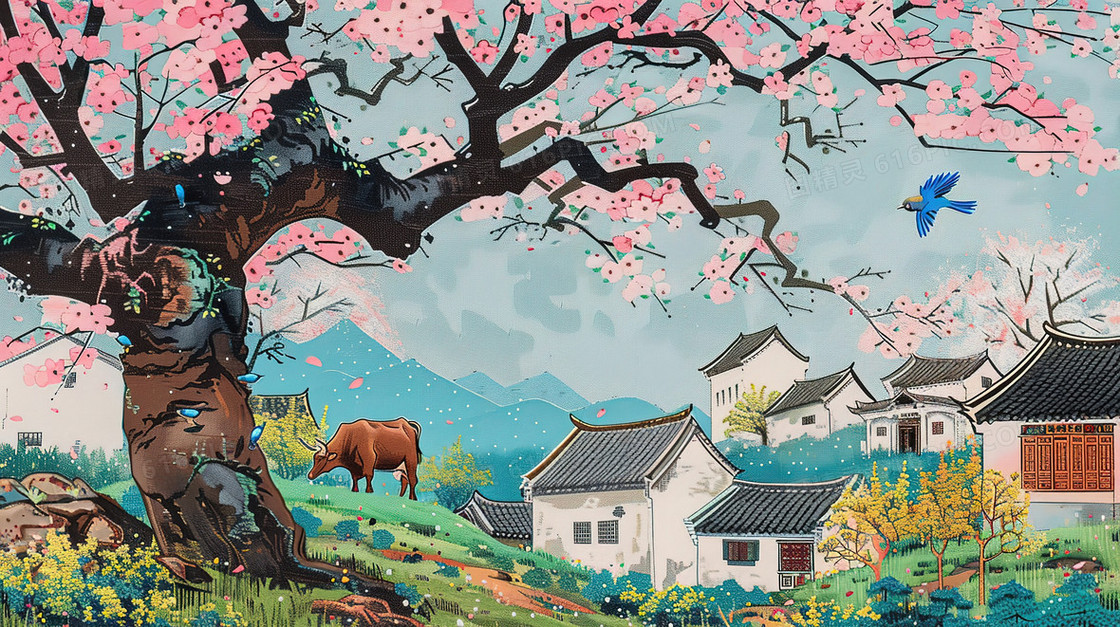 小乡村山坡上盛开的樱花树插画