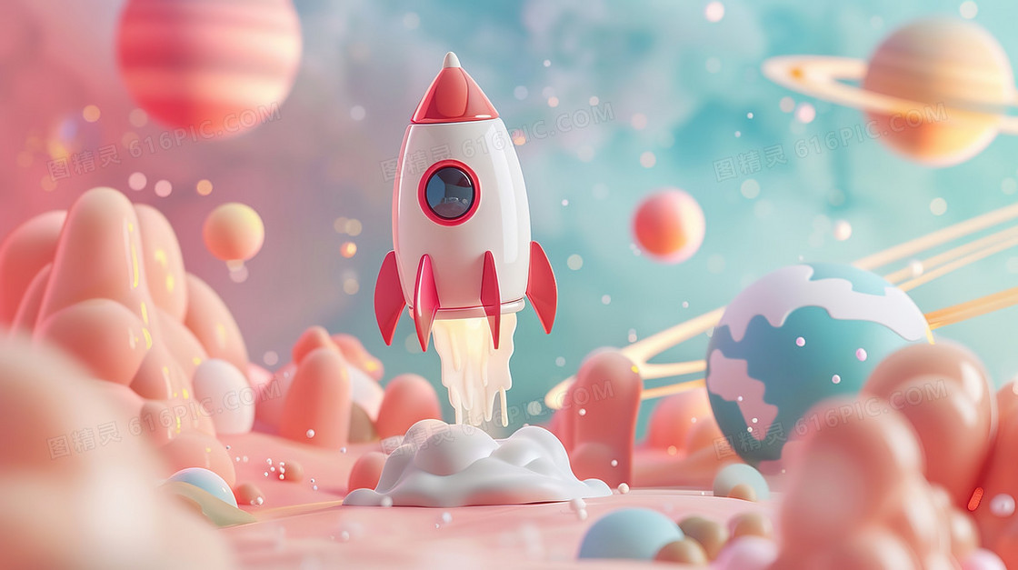 3D太空中飞行的火箭插画