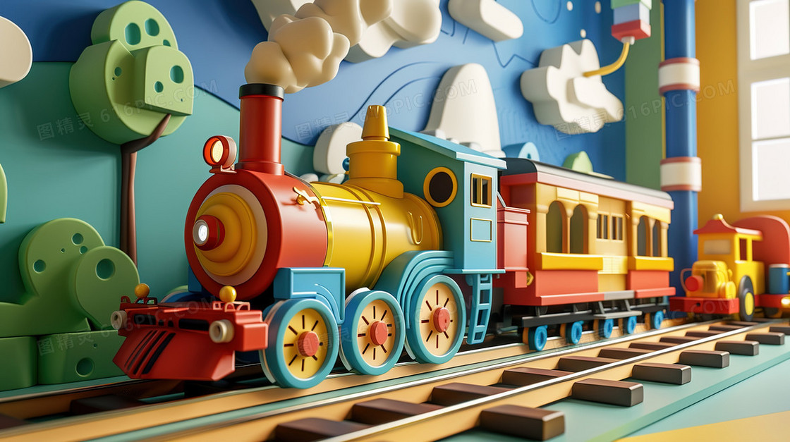 儿童房间里的火车模型玩具插画