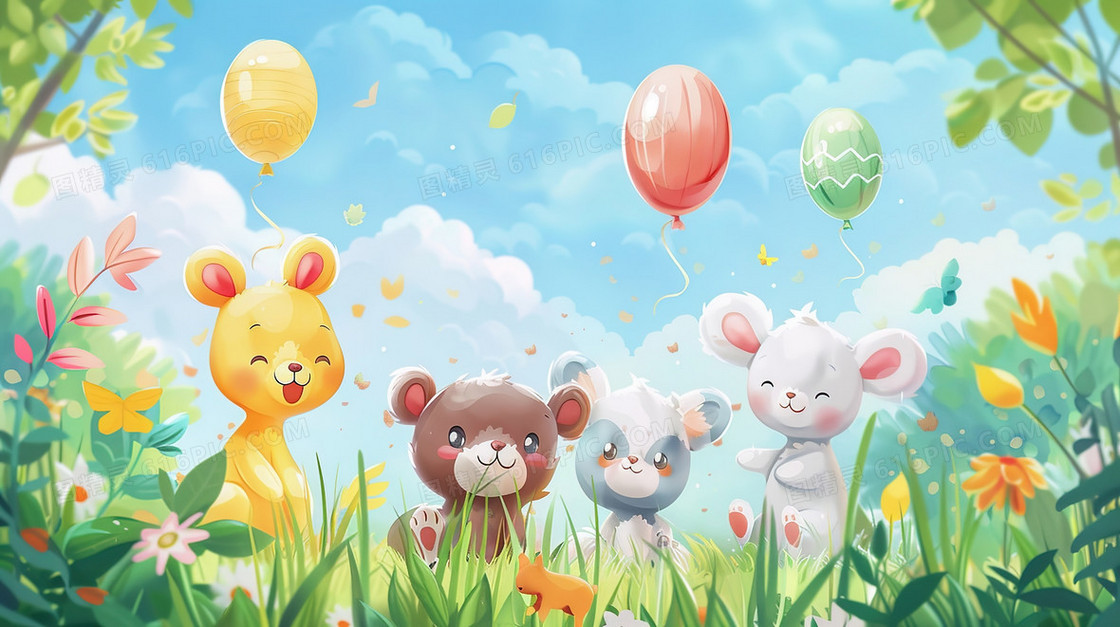 可爱有趣的动物宝宝与气球插画