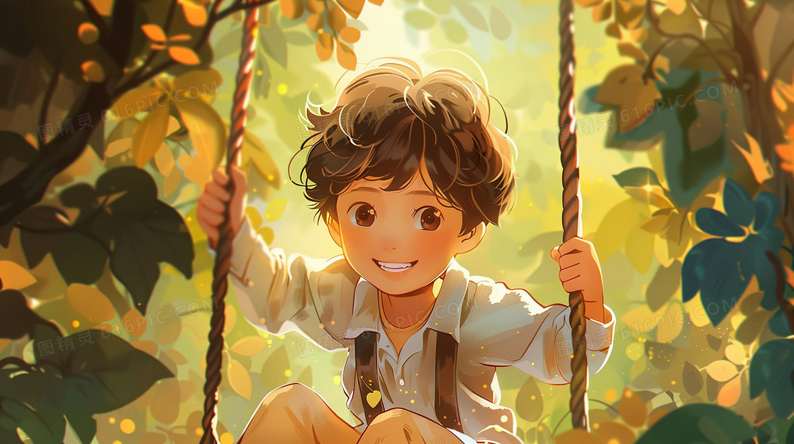 森林秋千上的小男孩插画