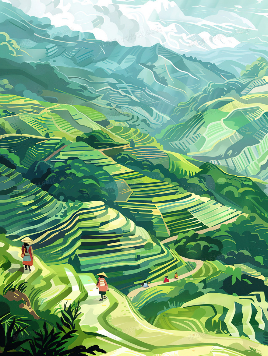 山地梯田上的人们插画