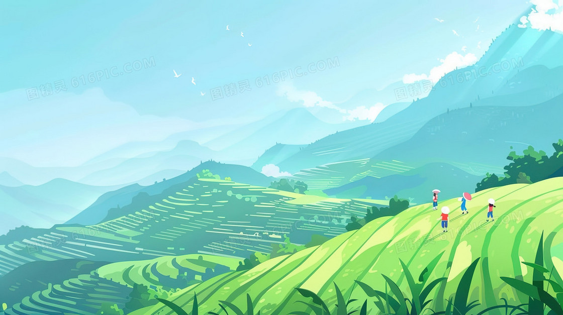 春天山区里的梯田插画