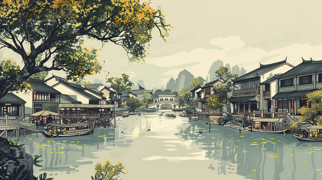 春天里的江南水乡古建筑群插画