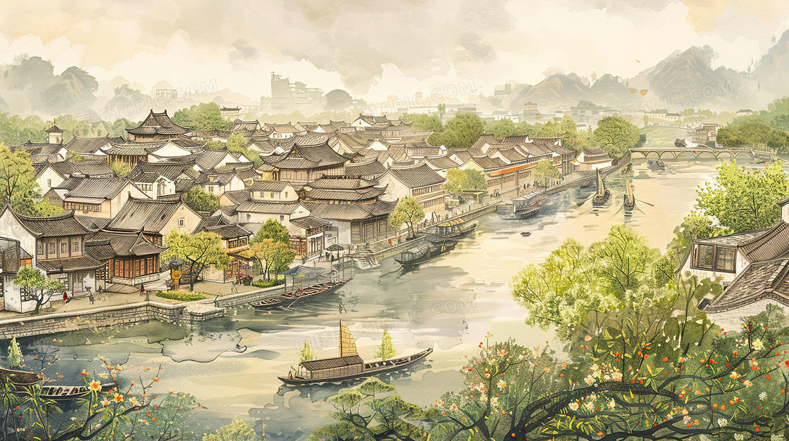 春天里的江南水乡古建筑群插画