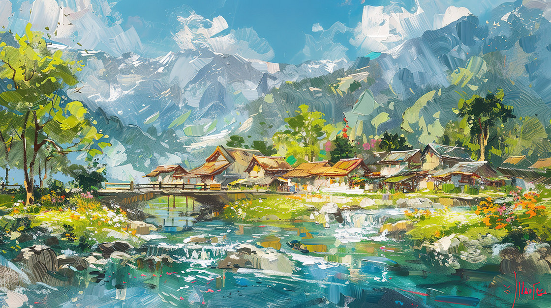 山谷河流旁的房屋和小桥插画