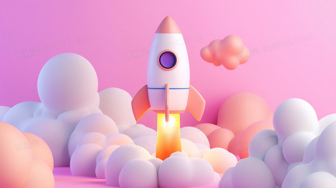 3D穿过云层的火箭插画