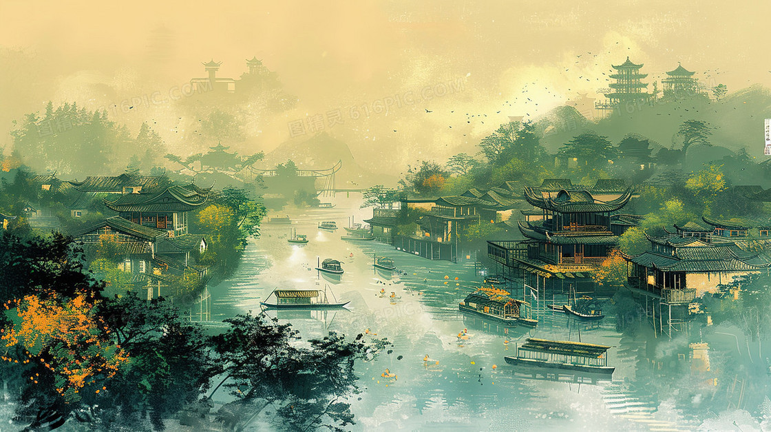 春天里的江南水乡古建筑群插画