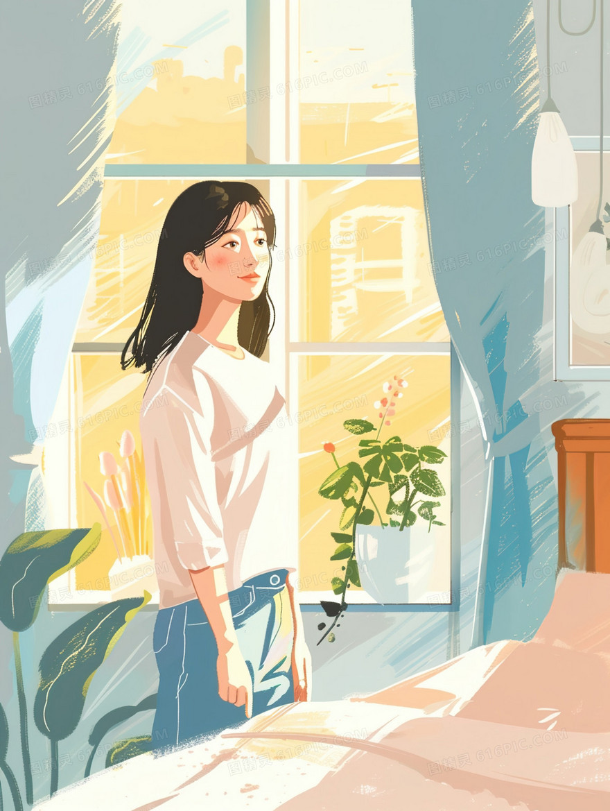 卧室窗边沐浴阳光的少女插画