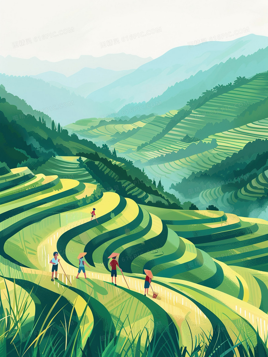 山地梯田上的人们插画