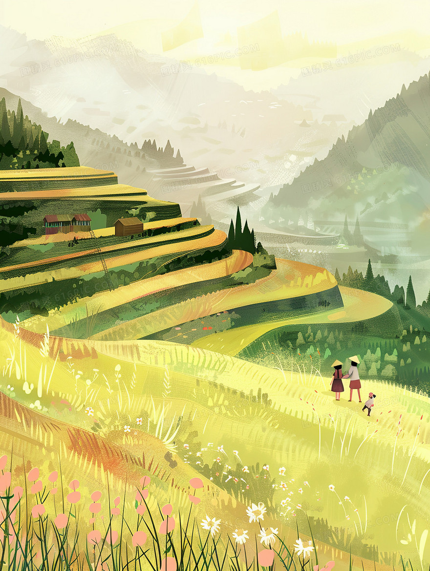 山地梯田上的人们插画