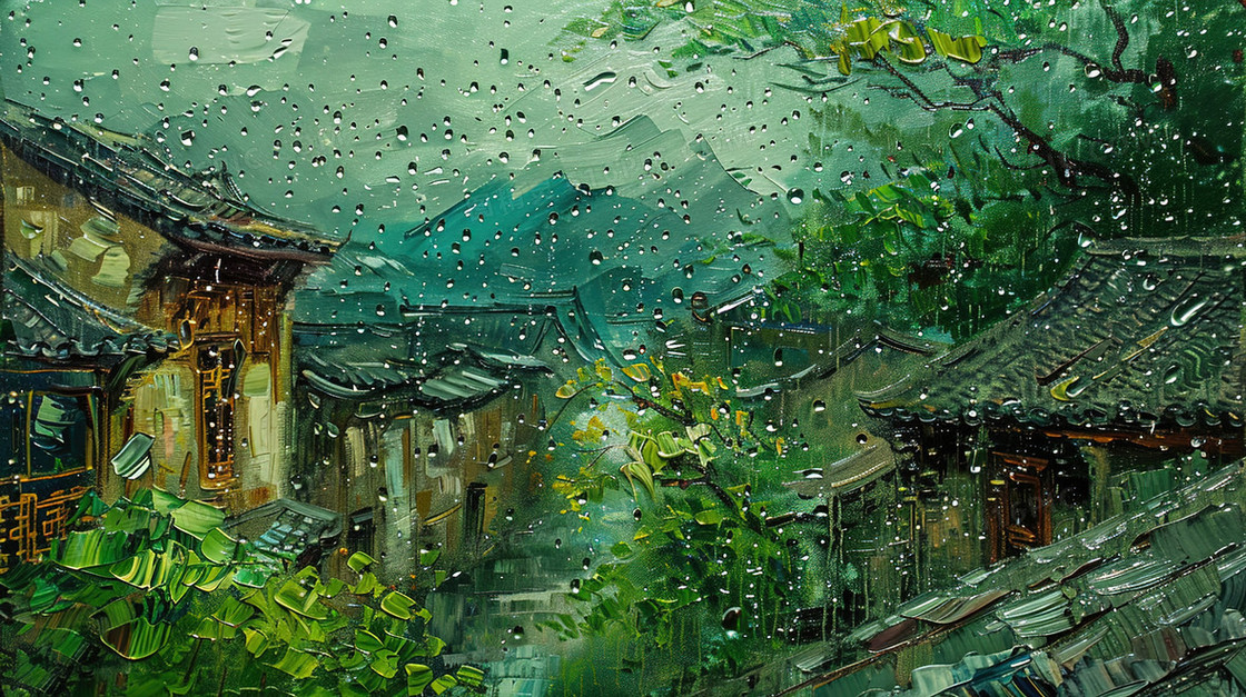 雨中的古建筑屋檐一角插画