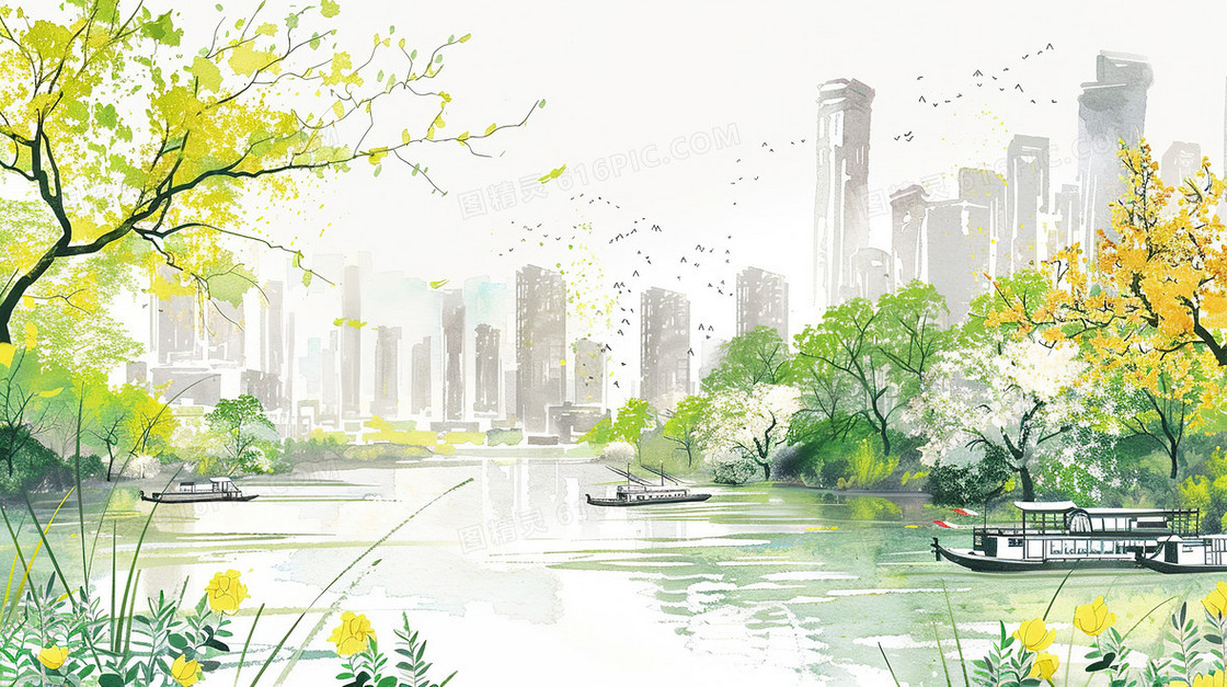 城市森林公园里湖上的小船插画