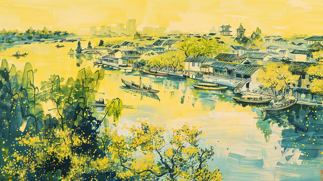 春天里的江南水乡古建筑群插画