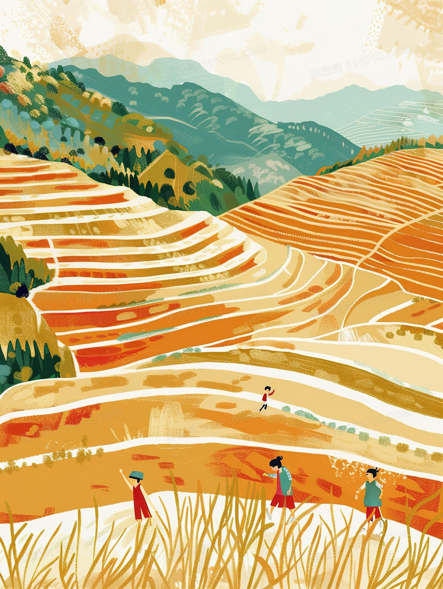 山地梯田上的人们插画