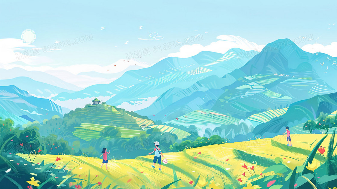 春天山区里的梯田插画