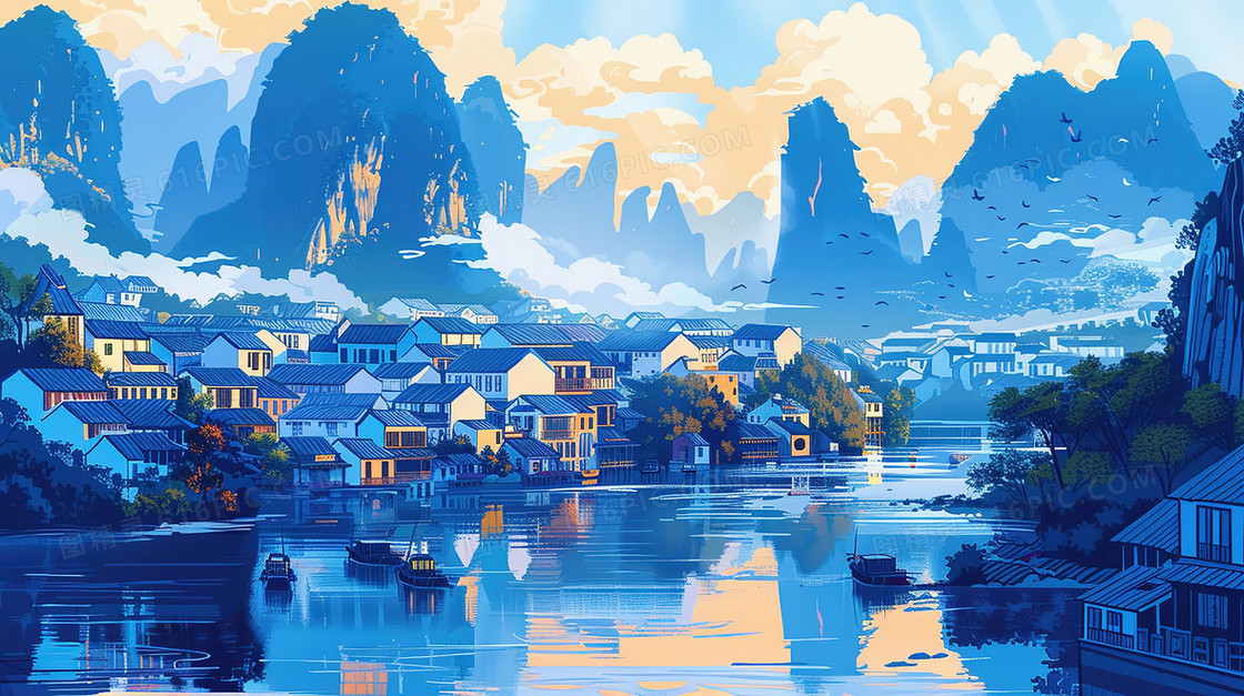 山谷河流旁的古建筑群插画