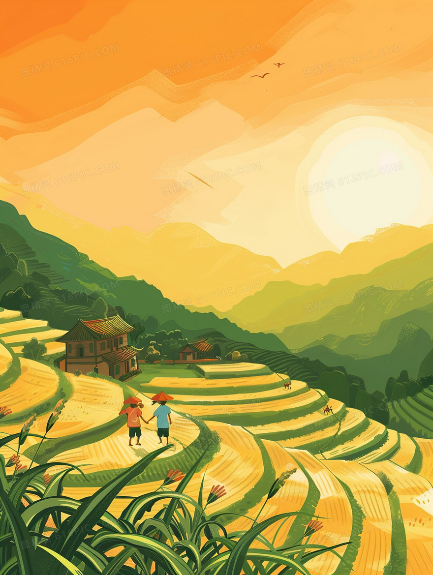 山地梯田上的人们插画
