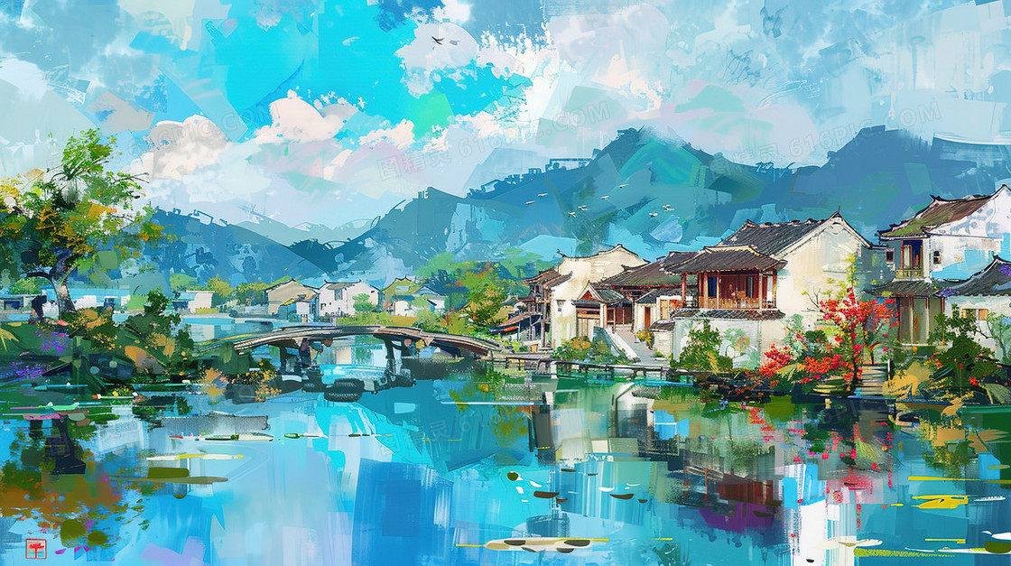 山谷河流旁的房屋和小桥插画