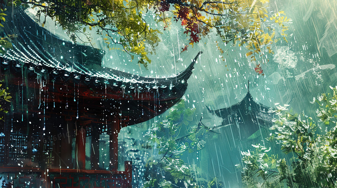雨中的古建筑屋檐一角插画