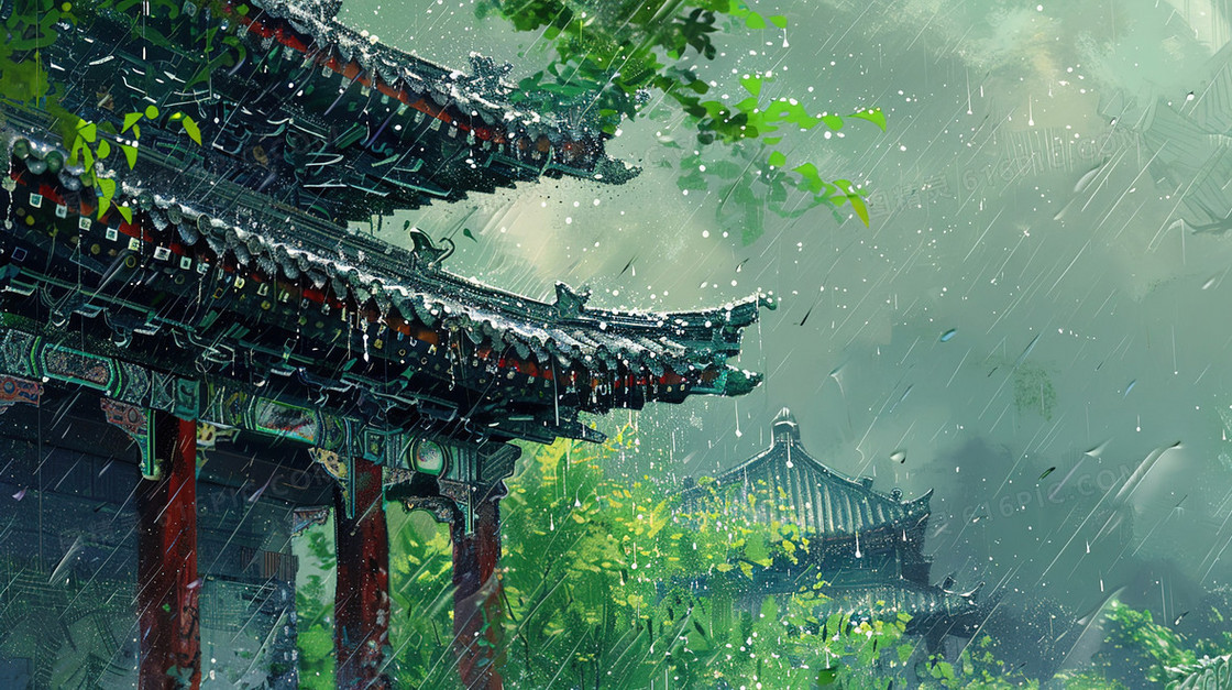 雨中的古建筑屋檐一角插画