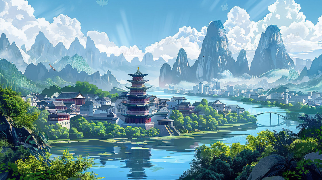 山谷河流旁的古建筑群插画