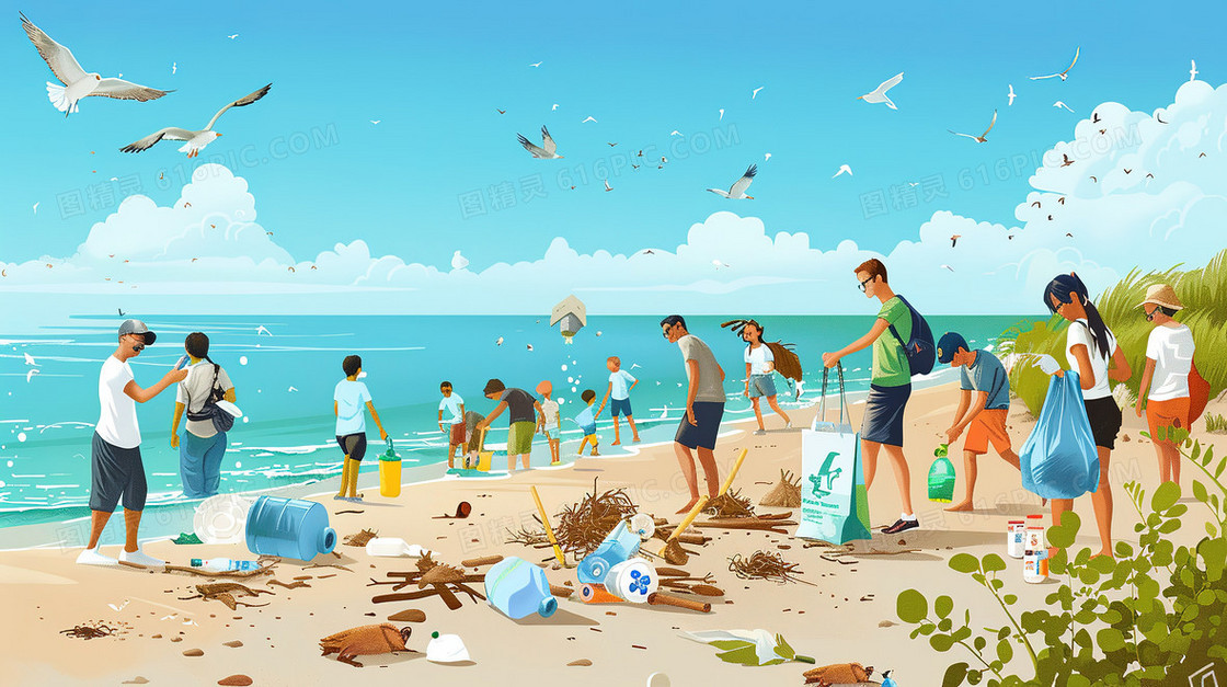 海滩上收拾垃圾的人们插画