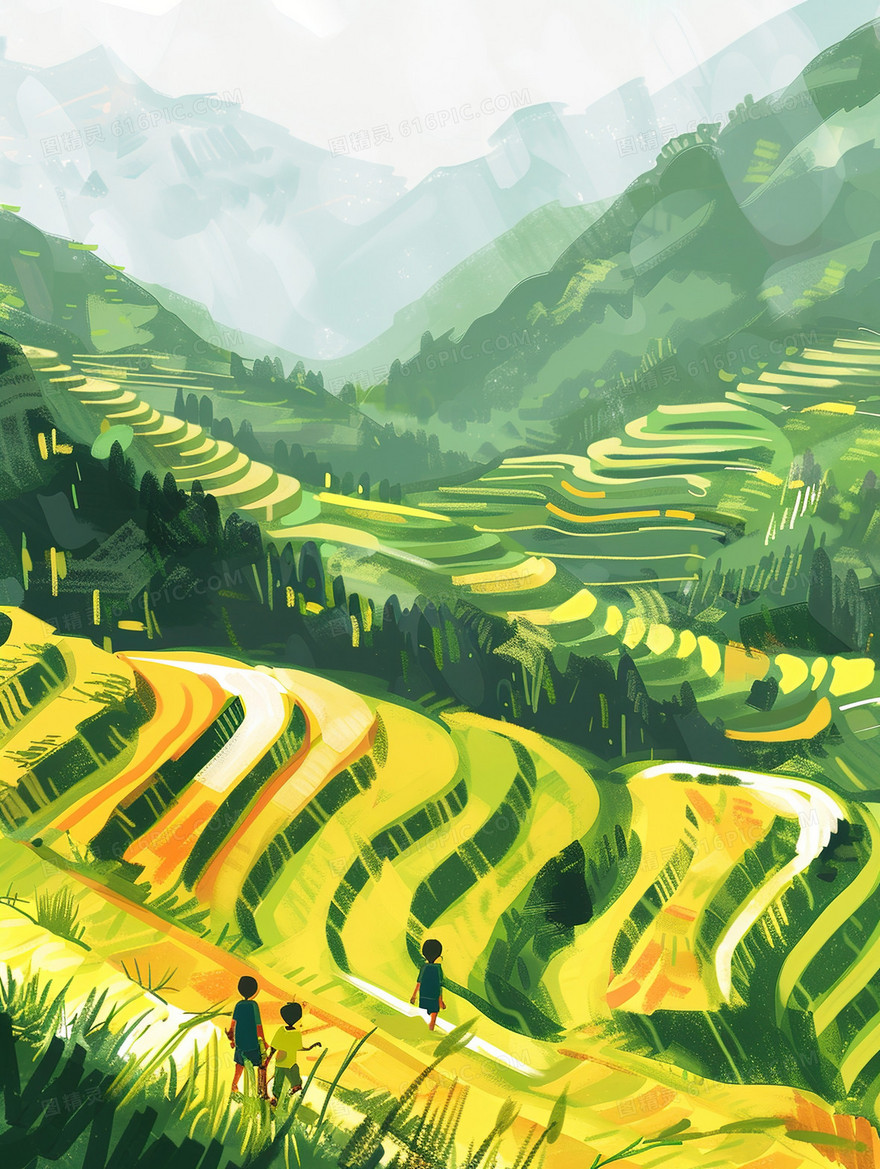 山地梯田上的人们插画
