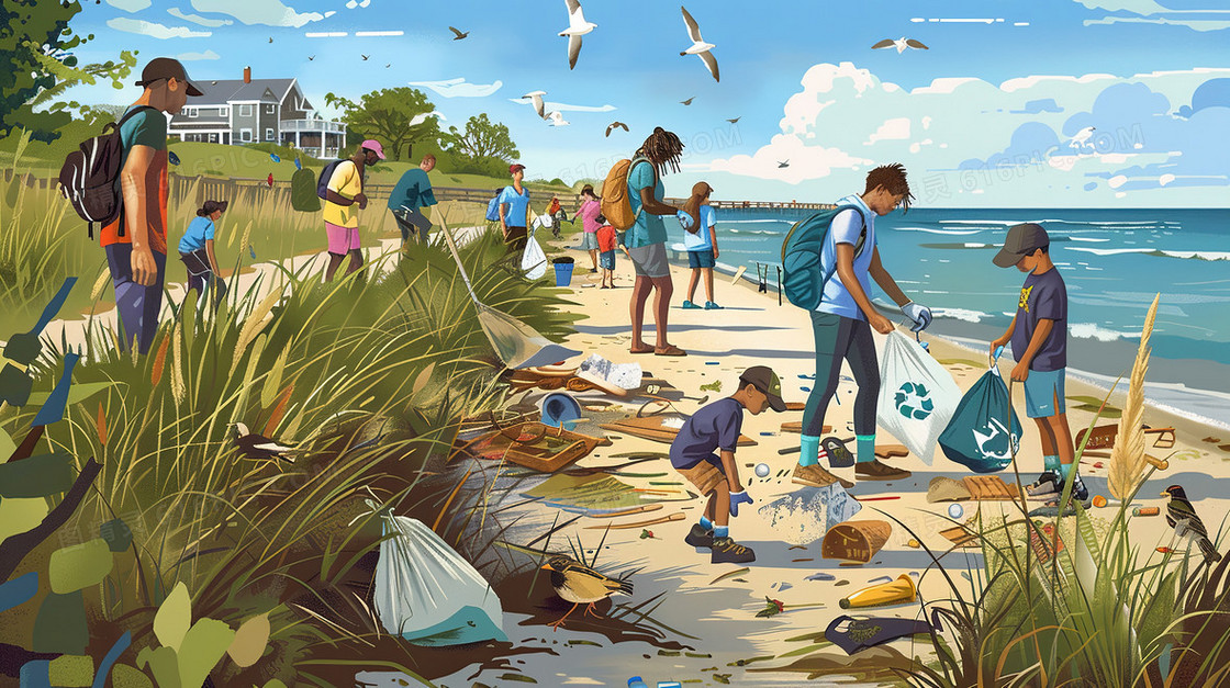 海滩上收拾垃圾的人们插画