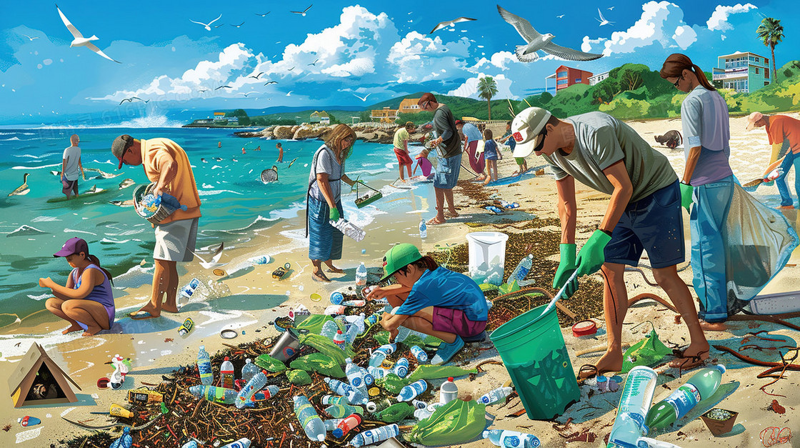 海滩上收拾垃圾的人们插画