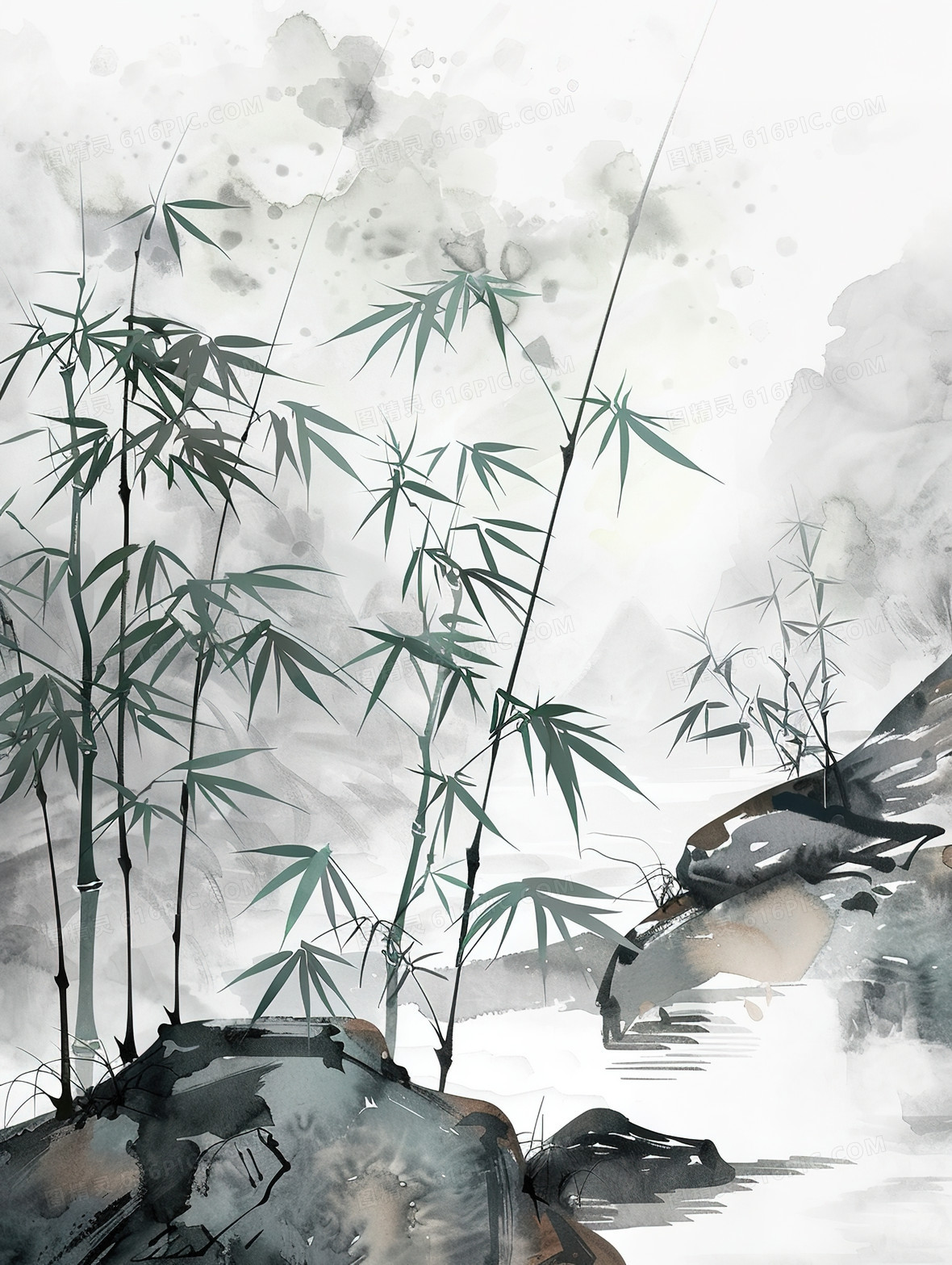 假石山上的竹子中国水墨画插画背景图片下载_1856x2464像素JPG格式_编号