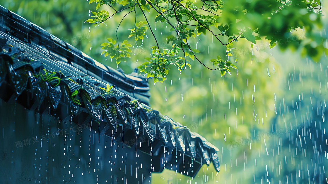 雨中的古建筑屋檐一角插画