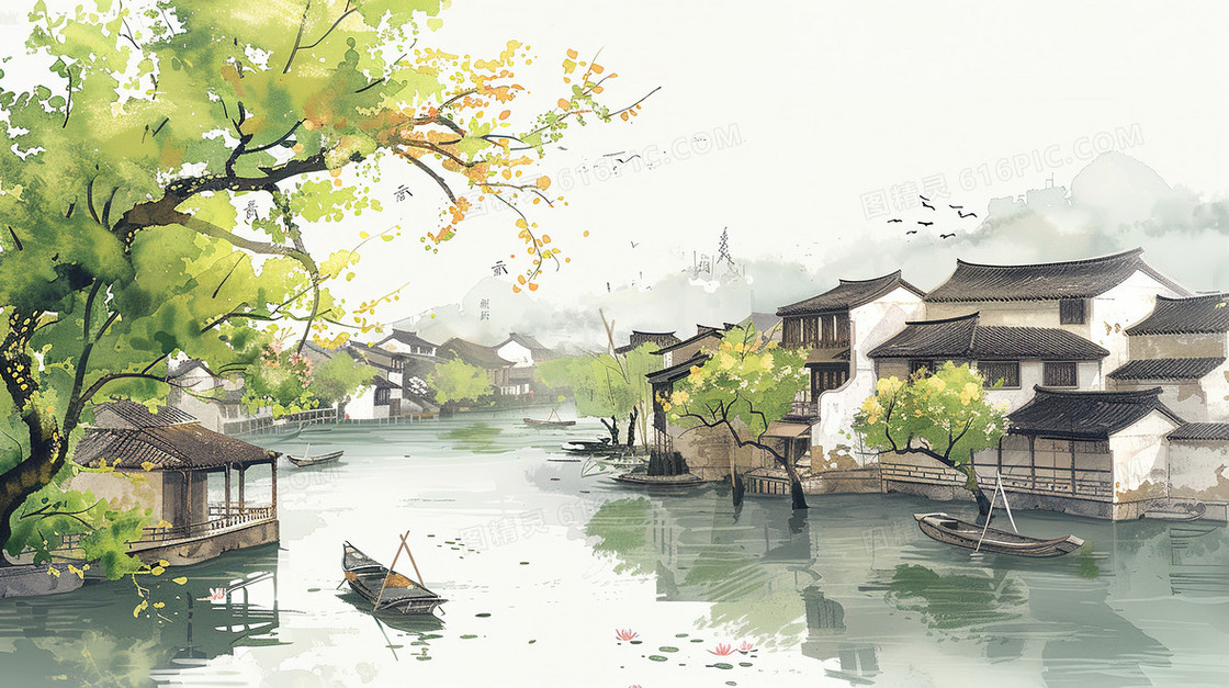 春天里的江南水乡古建筑群插画